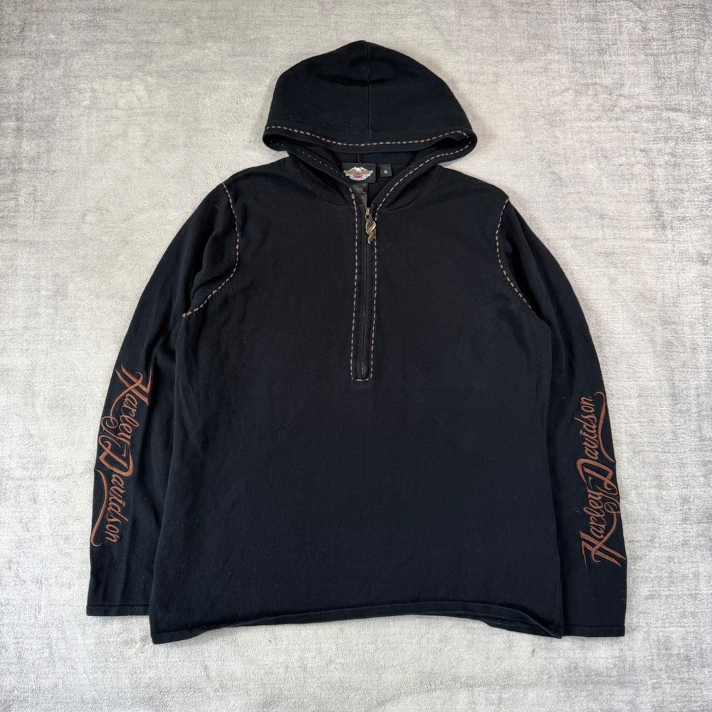 Harley Davidson Sweatshirt Women XL Black Vtg Y2K Embroidered Biker Knit Hoodie